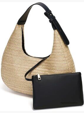 Hobo Crescent Straw Handbag with Adjustable Strap